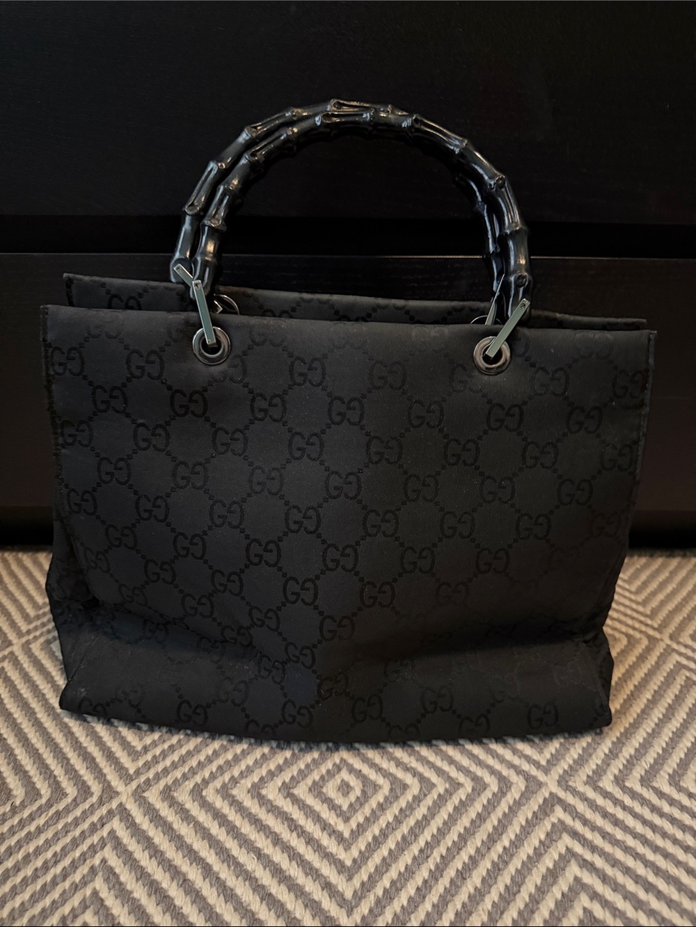 Gucci Black GG Jacquard Tote with Bamboo Top Handles